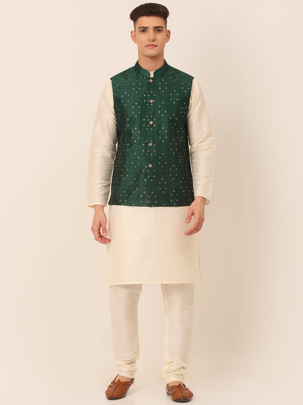 Jompers Men's Solid Dupion Silk Kurta Pyjama With Embroidered Nehru Jacket - Green