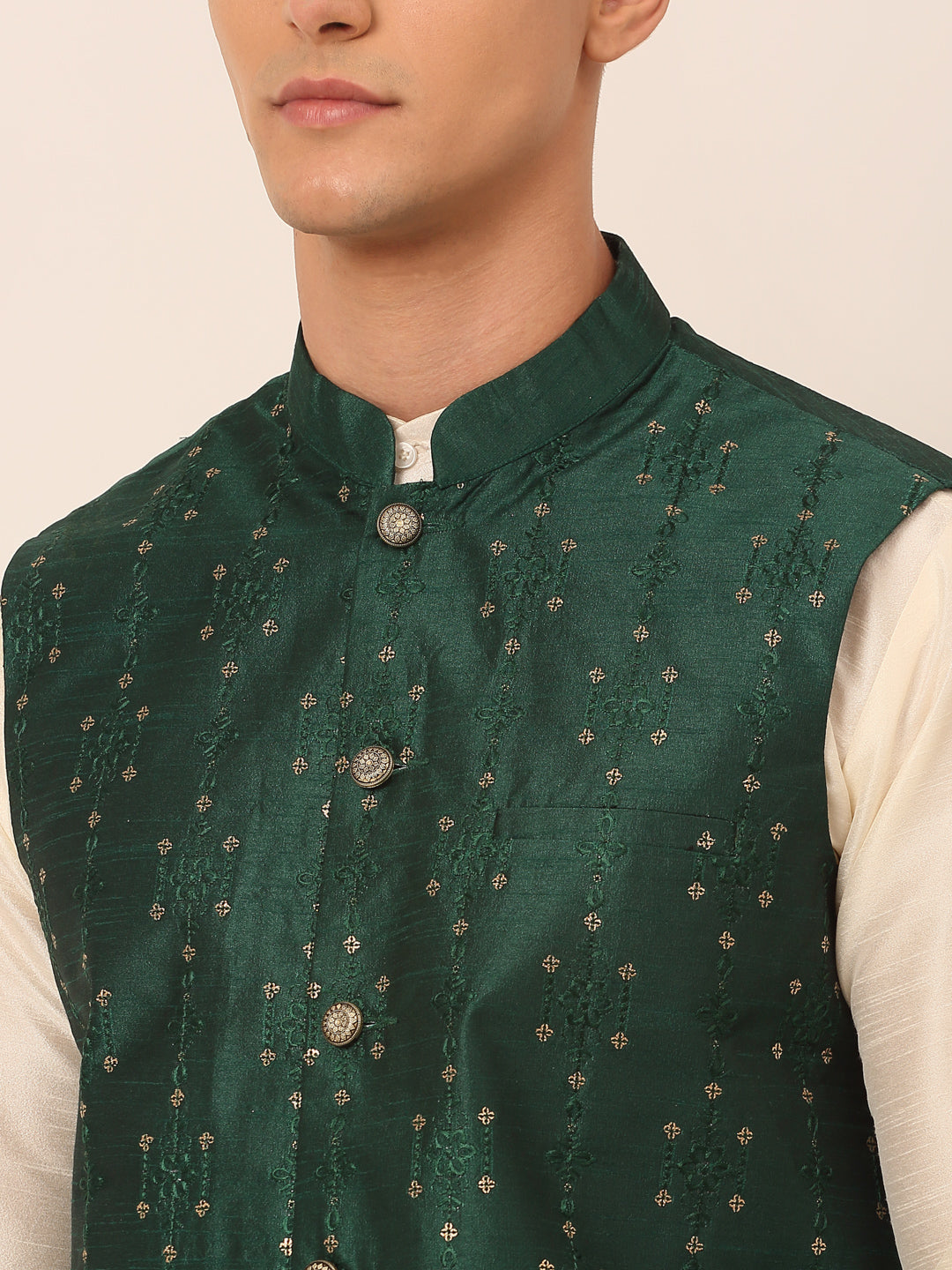 Jompers Men's Solid Dupion Silk Kurta Pyjama With Embroidered Nehru Jacket - Green