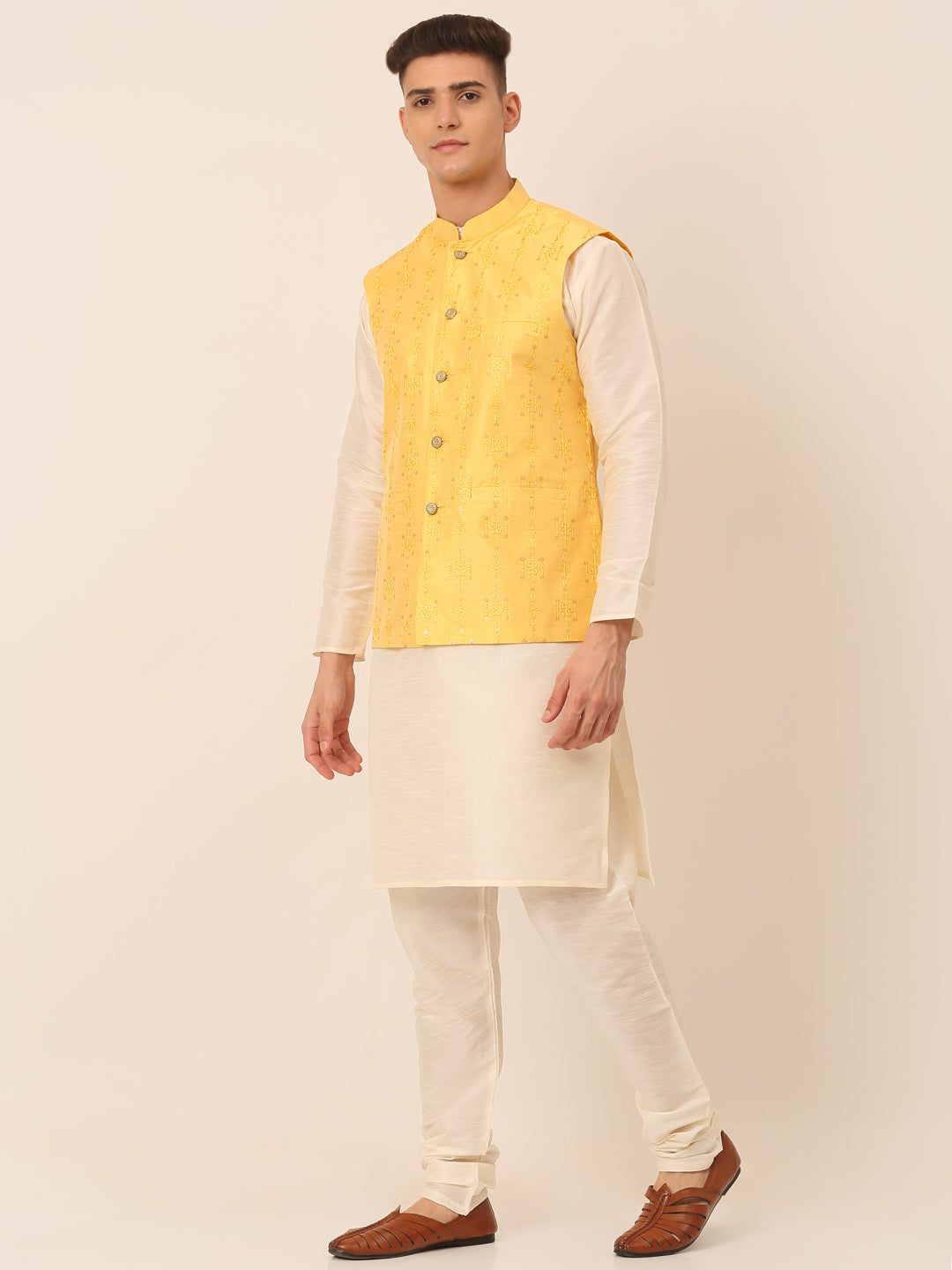 Jompers Men's Solid Dupion Silk Kurta Pyjama With Embroidered Nehru Jacket - Yellow