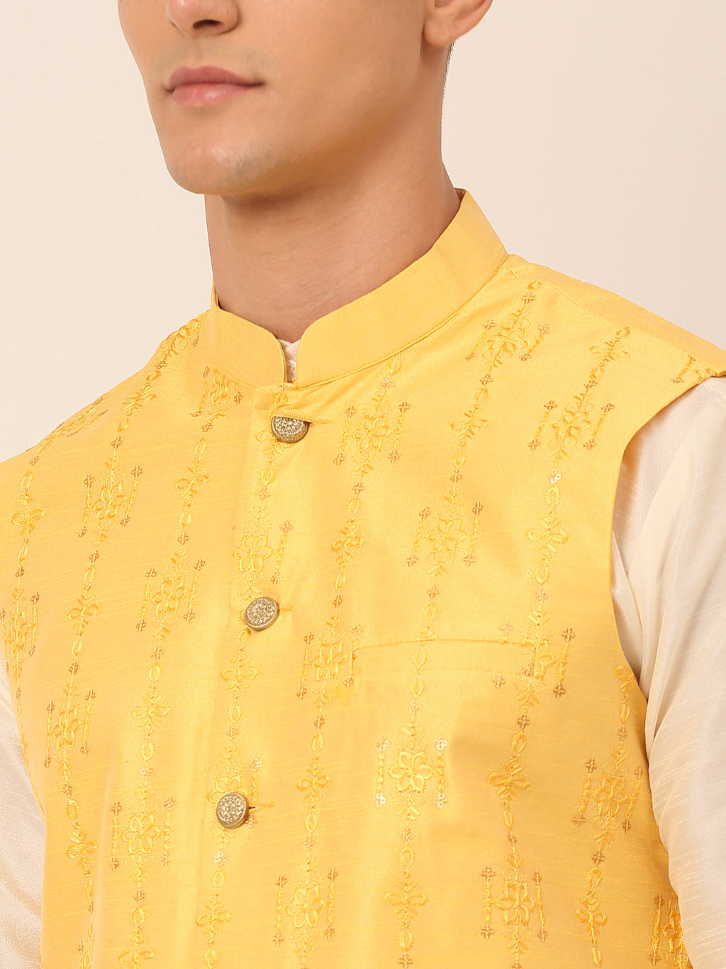 Jompers Men's Solid Dupion Silk Kurta Pyjama With Embroidered Nehru Jacket - Yellow