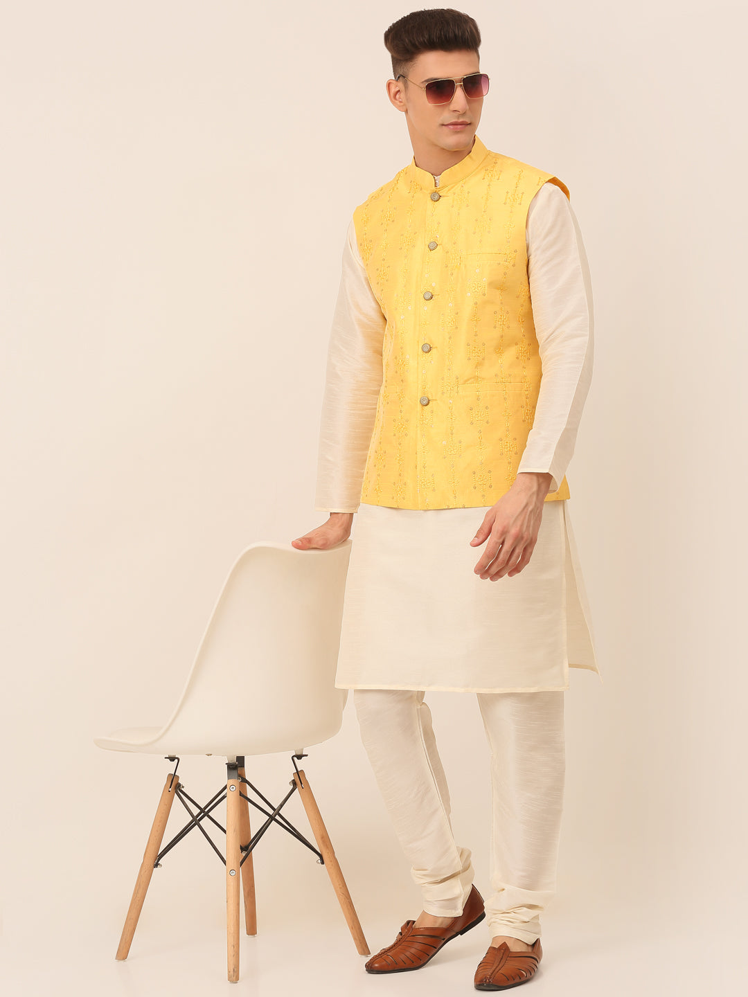 Jompers Men's Solid Dupion Silk Kurta Pyjama With Embroidered Nehru Jacket - Yellow