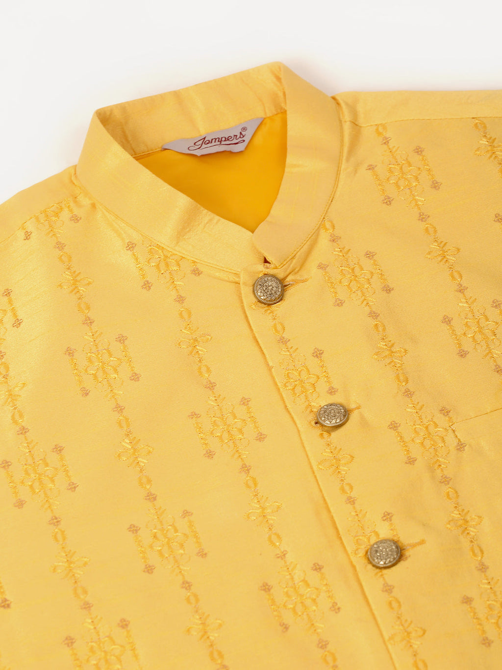Jompers Men's Solid Dupion Silk Kurta Pyjama With Embroidered Nehru Jacket - Yellow