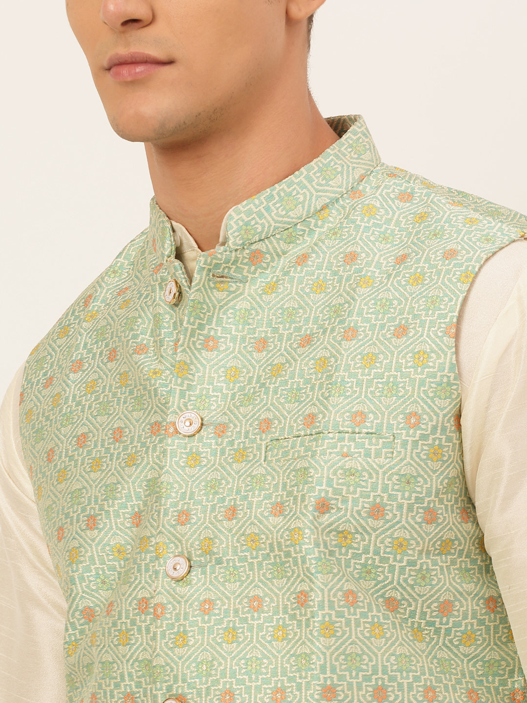 Jompers Men's Solid Kurta Pyjama With Nehru Jacket - Green