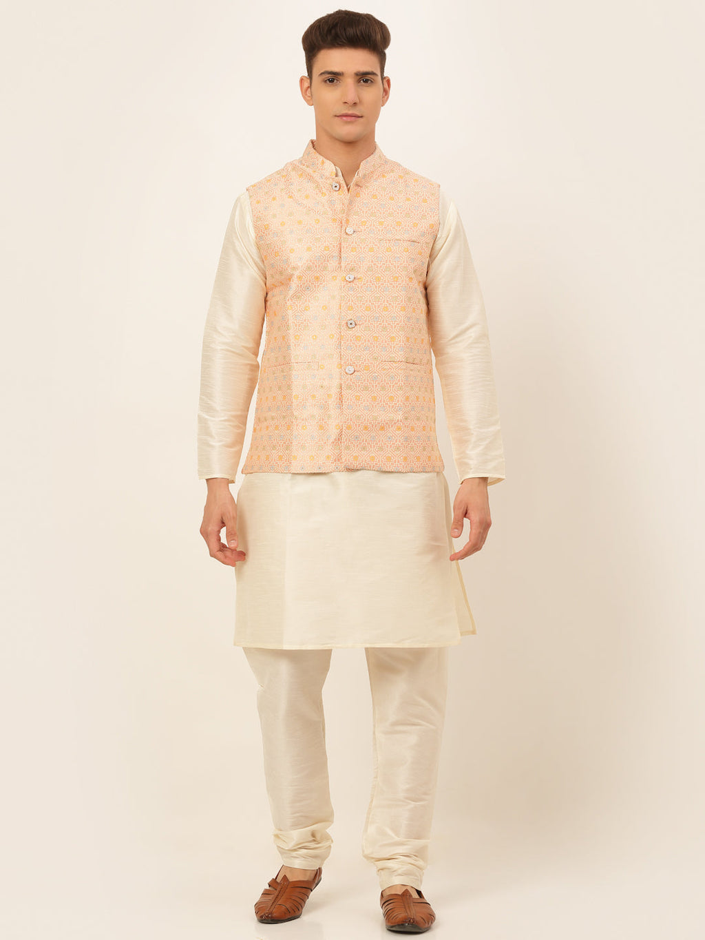 Jompers Men's Solid Kurta Pyjama With Nehru Jacket - Pink
