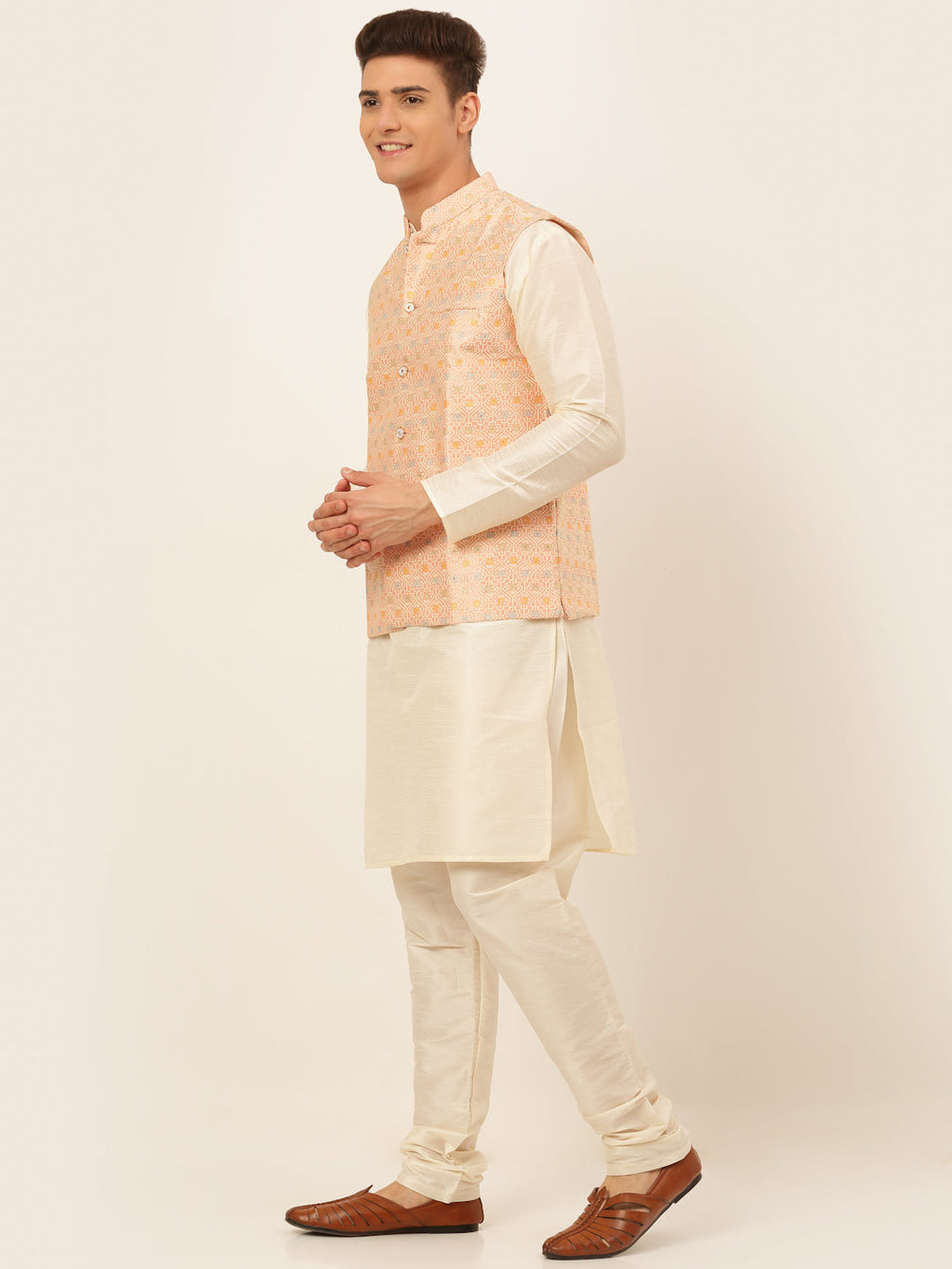 Jompers Men's Solid Kurta Pyjama With Nehru Jacket - Pink