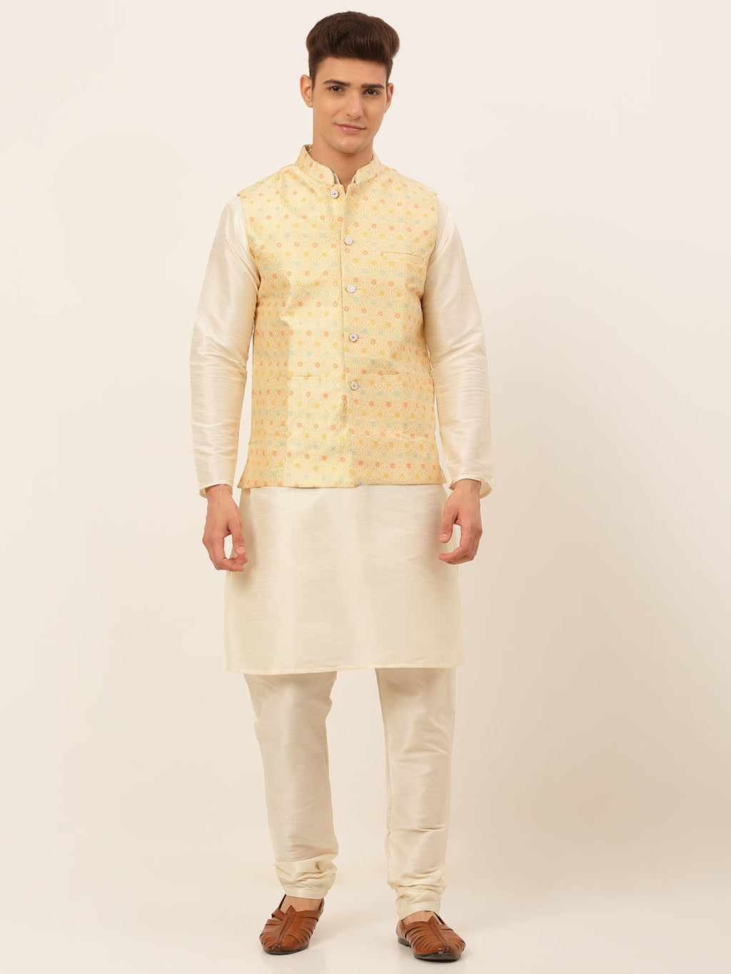 Jompers Men's Solid Kurta Pyjama With Nehru Jacket - Yellow