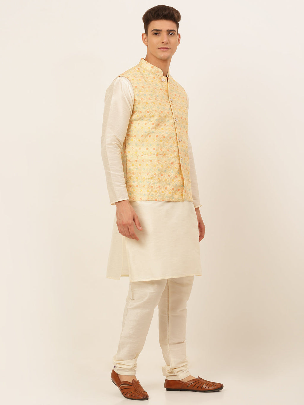 Jompers Men's Solid Kurta Pyjama With Nehru Jacket - Yellow