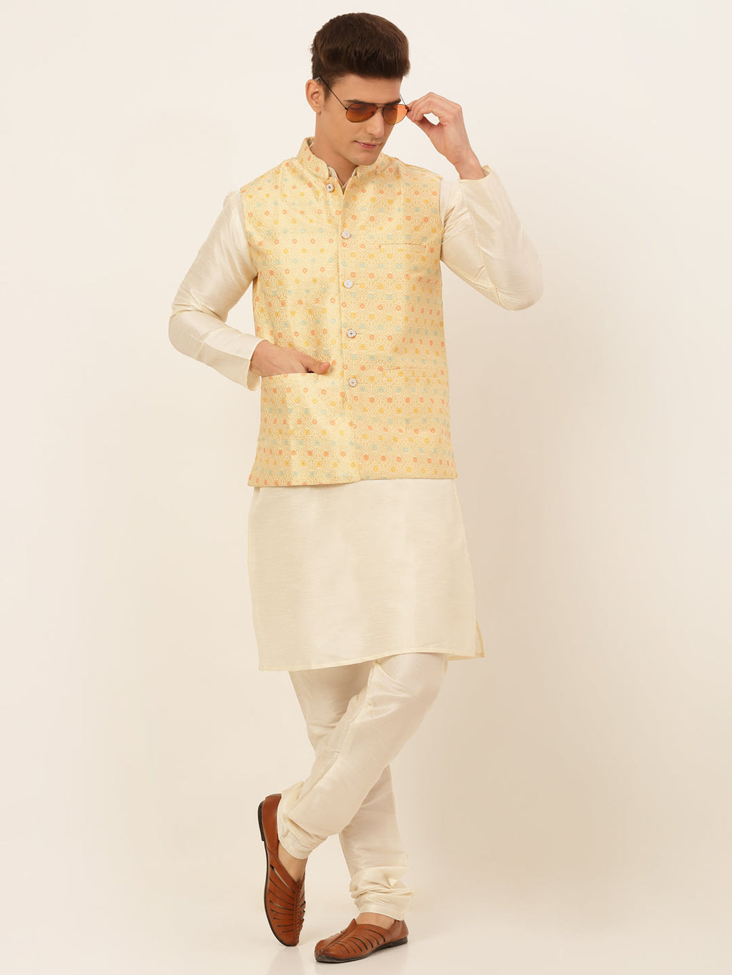 Jompers Men's Solid Kurta Pyjama With Nehru Jacket - Yellow