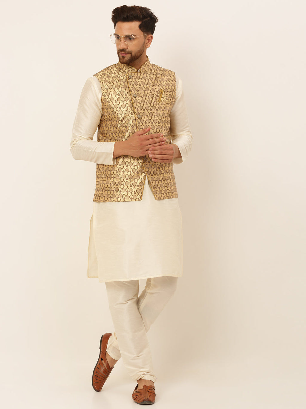 Jompers Men's Solid Kurta Pyjama With Nehru Jacket - Golden