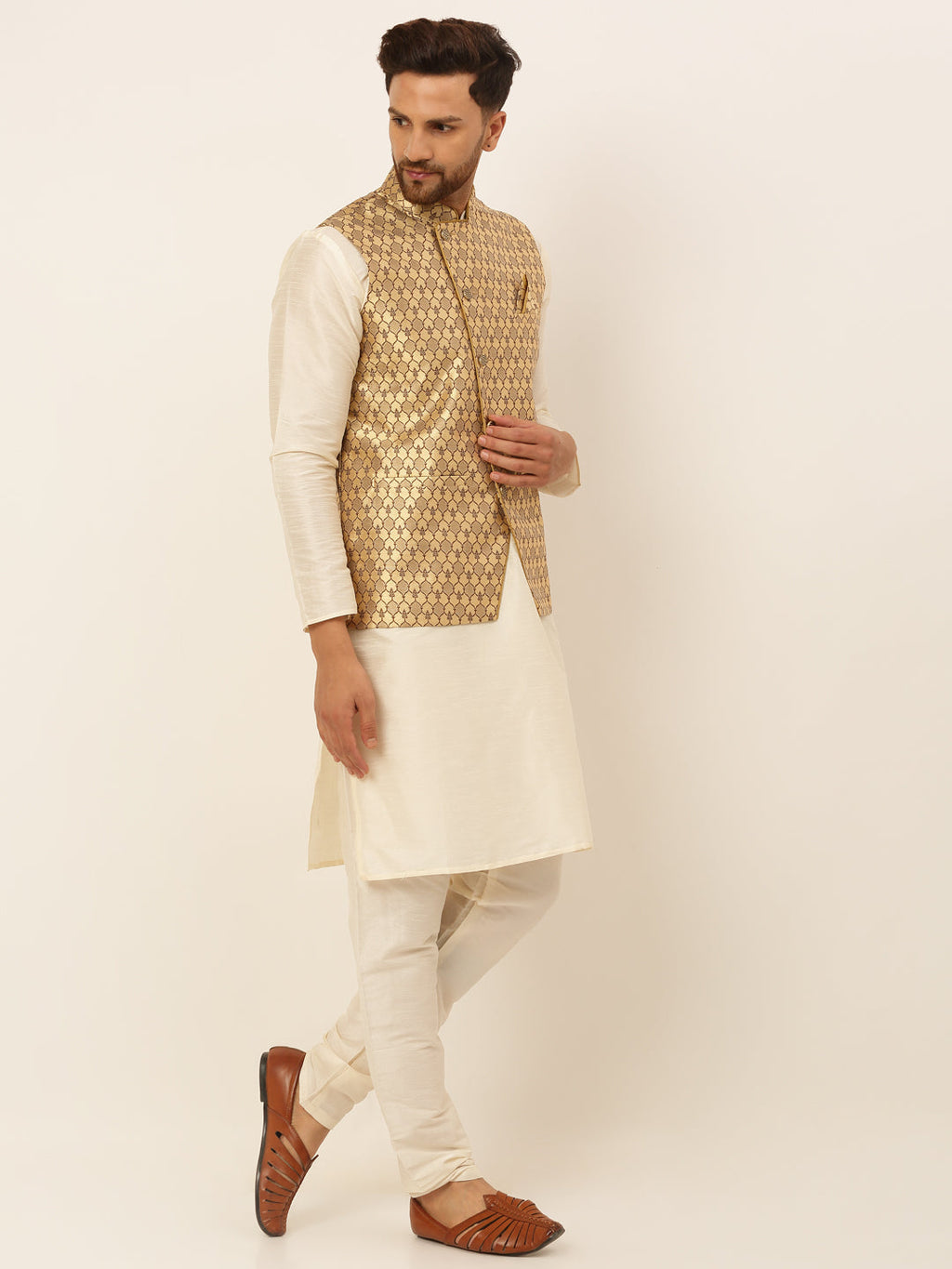 Jompers Men's Solid Kurta Pyjama With Nehru Jacket - Golden