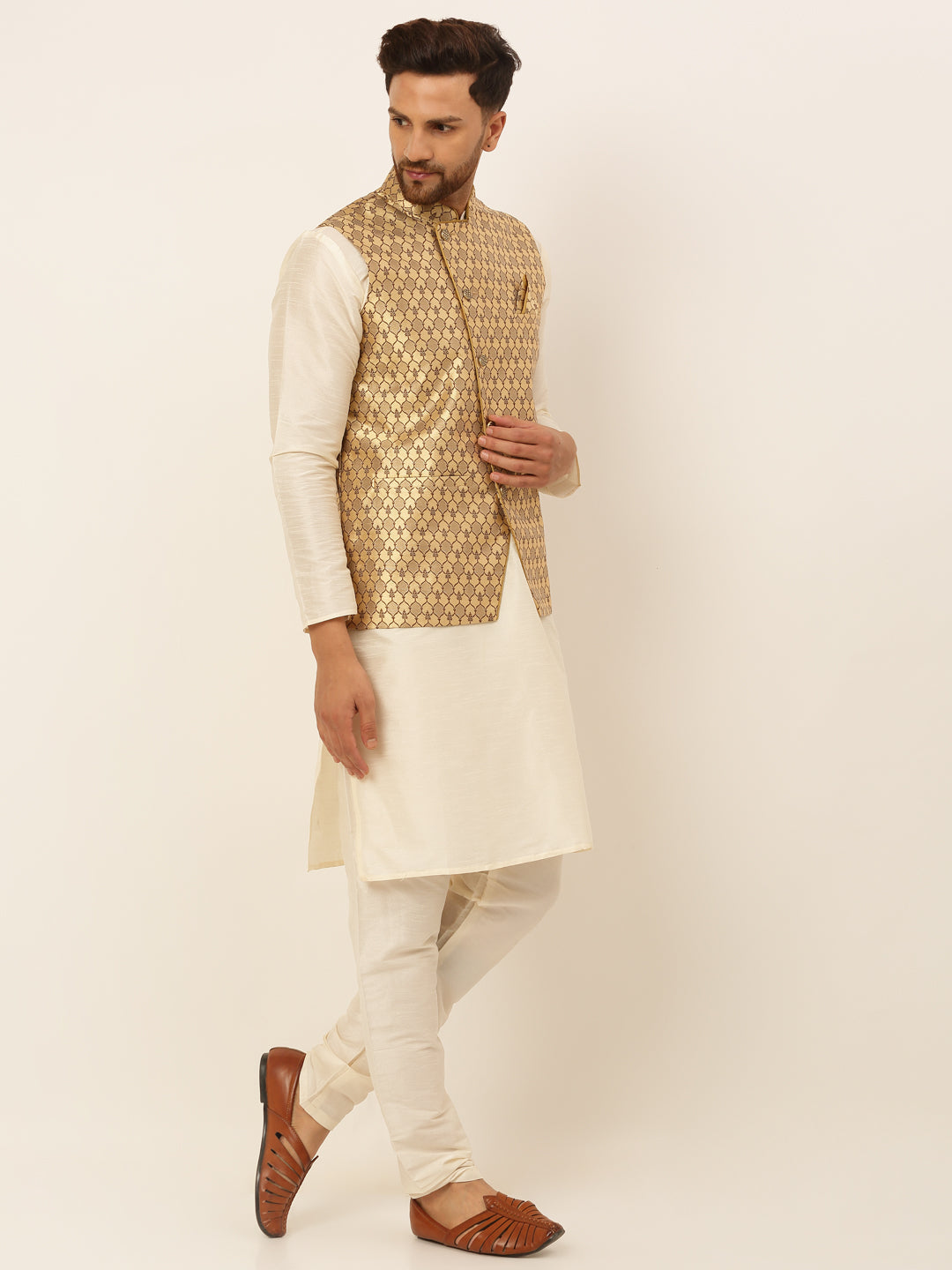 Jompers Men's Solid Kurta Pyjama With Nehru Jacket - Golden