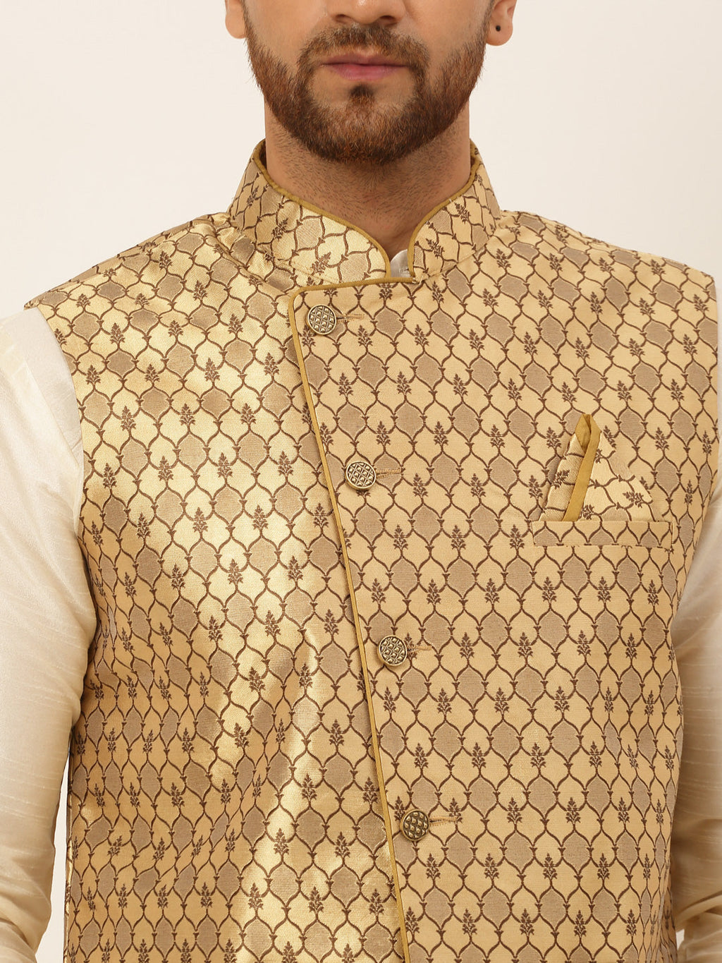 Jompers Men's Solid Kurta Pyjama With Nehru Jacket - Golden