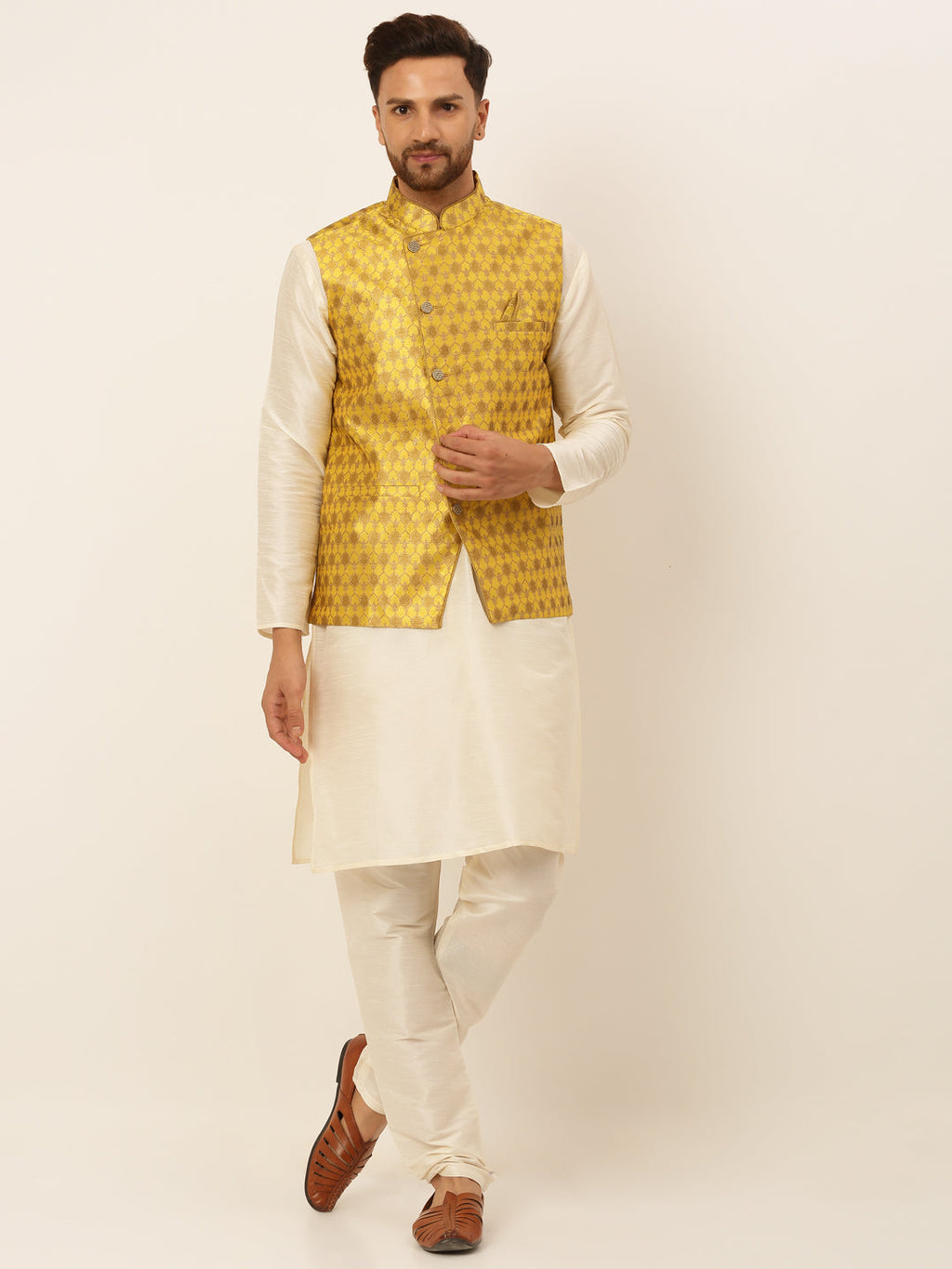 Jompers Men's Solid Kurta Pyjama With Nehru Jacket - Mustard