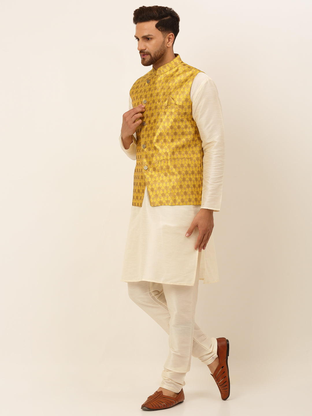 Jompers Men's Solid Kurta Pyjama With Nehru Jacket - Mustard