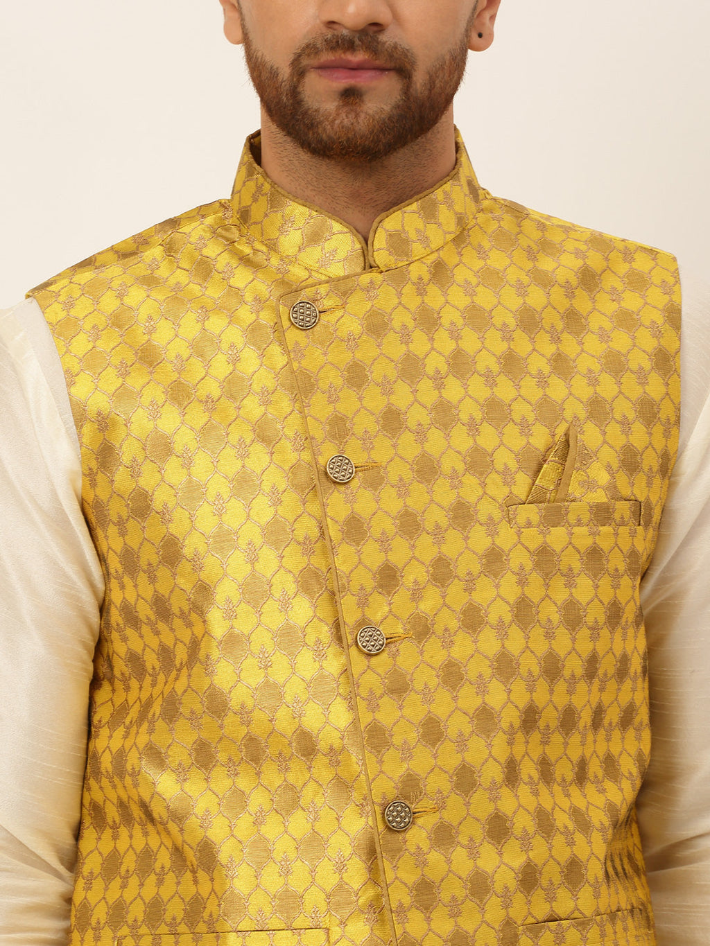Jompers Men's Solid Kurta Pyjama With Nehru Jacket - Mustard