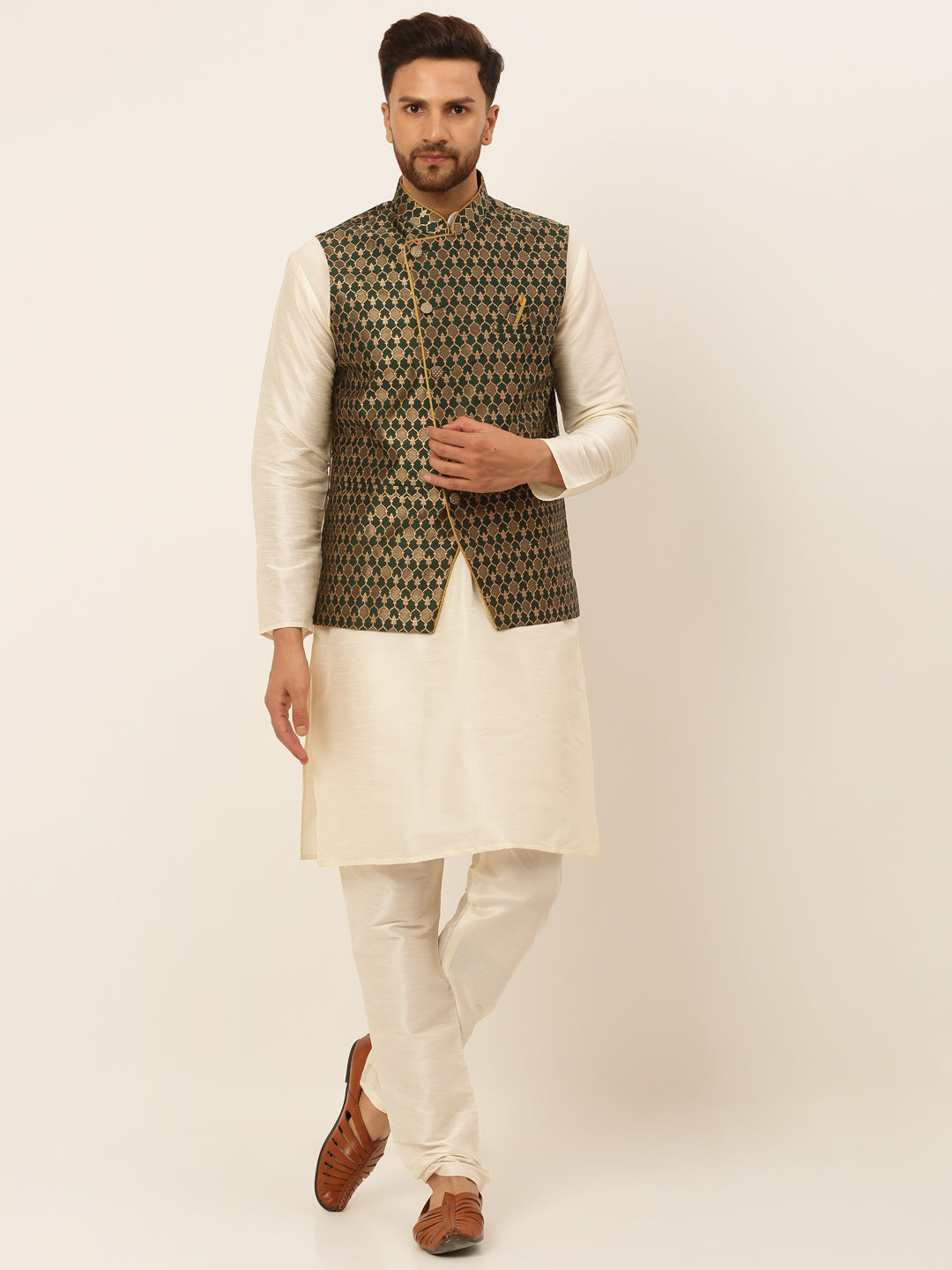 Jompers Men's Solid Kurta Pyjama With Nehru Jacket - Olive