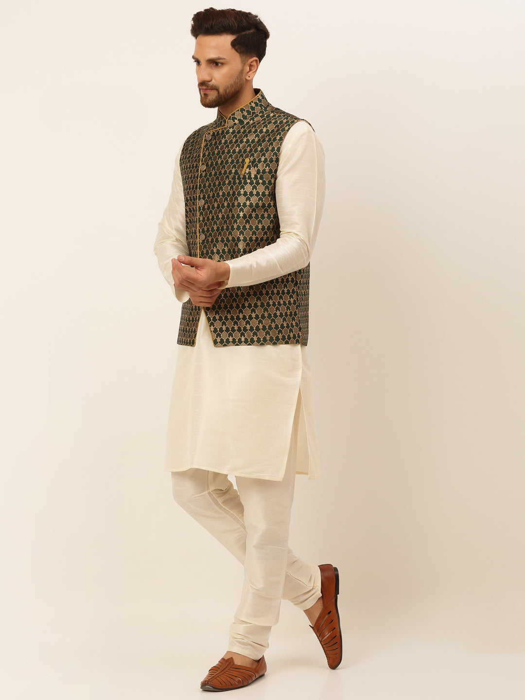 Jompers Men's Solid Kurta Pyjama With Nehru Jacket - Olive