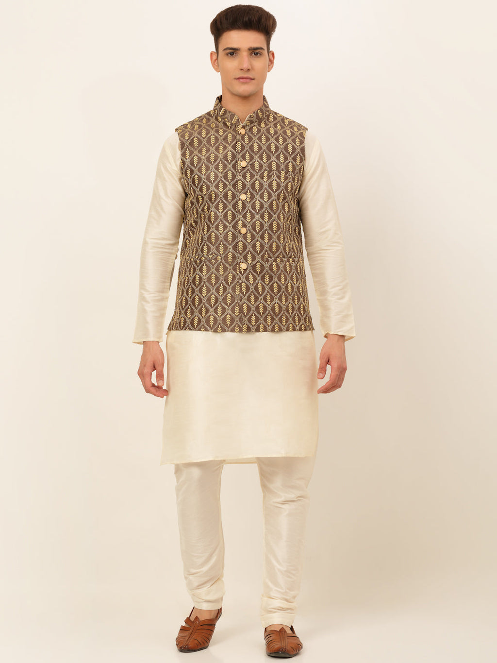 Jompers Men's Solid Kurta Pyjama With Nehru Jacket - Brown