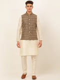 Jompers Men's Solid Kurta Pyjama With Nehru Jacket - Brown