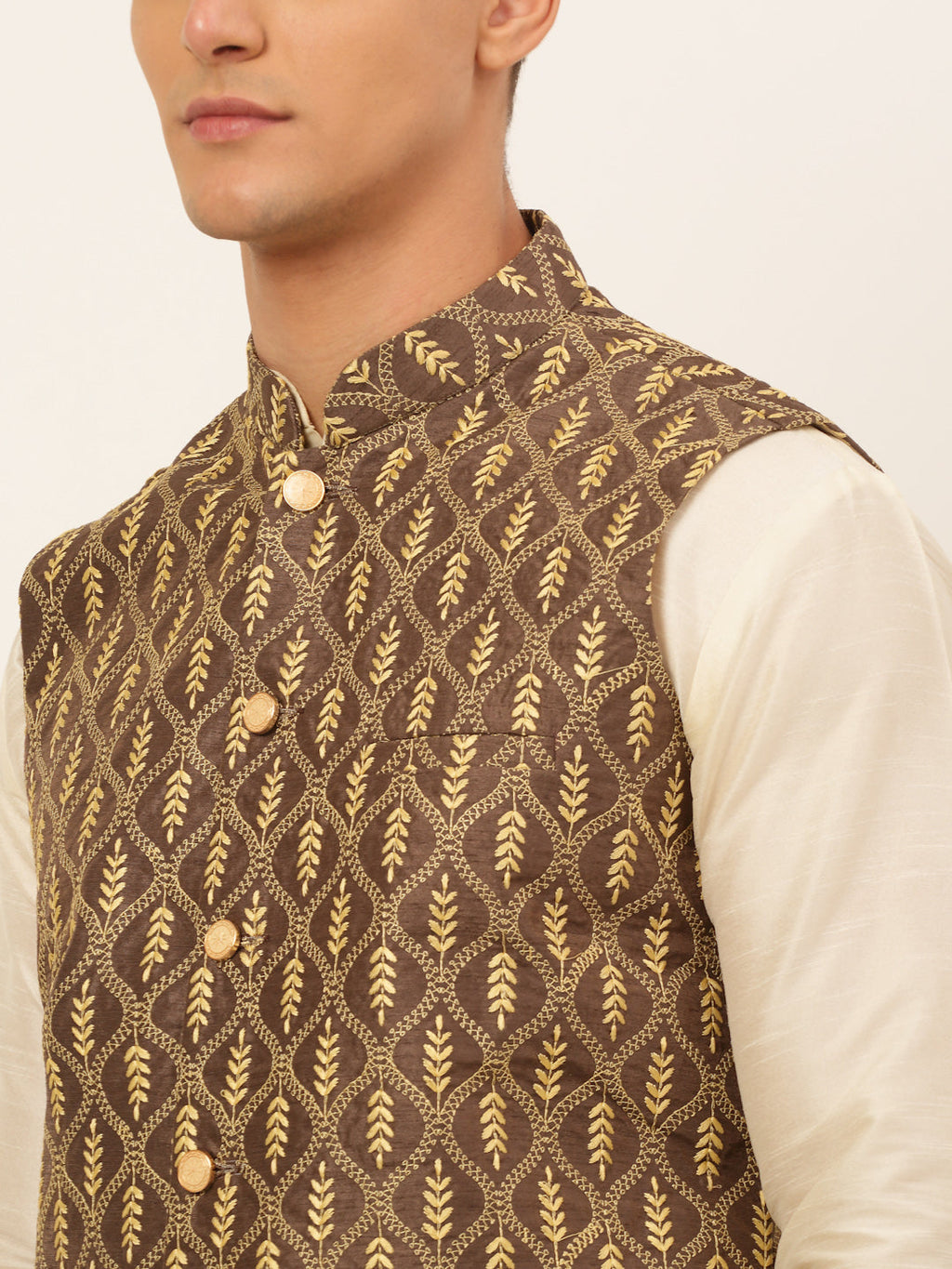 Jompers Men's Solid Kurta Pyjama With Nehru Jacket - Brown