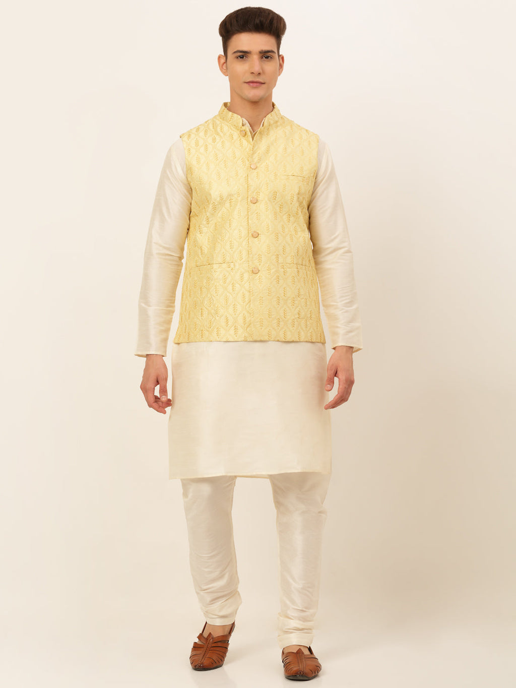 Jompers Men's Solid Kurta Pyjama With Nehru Jacket - Golden