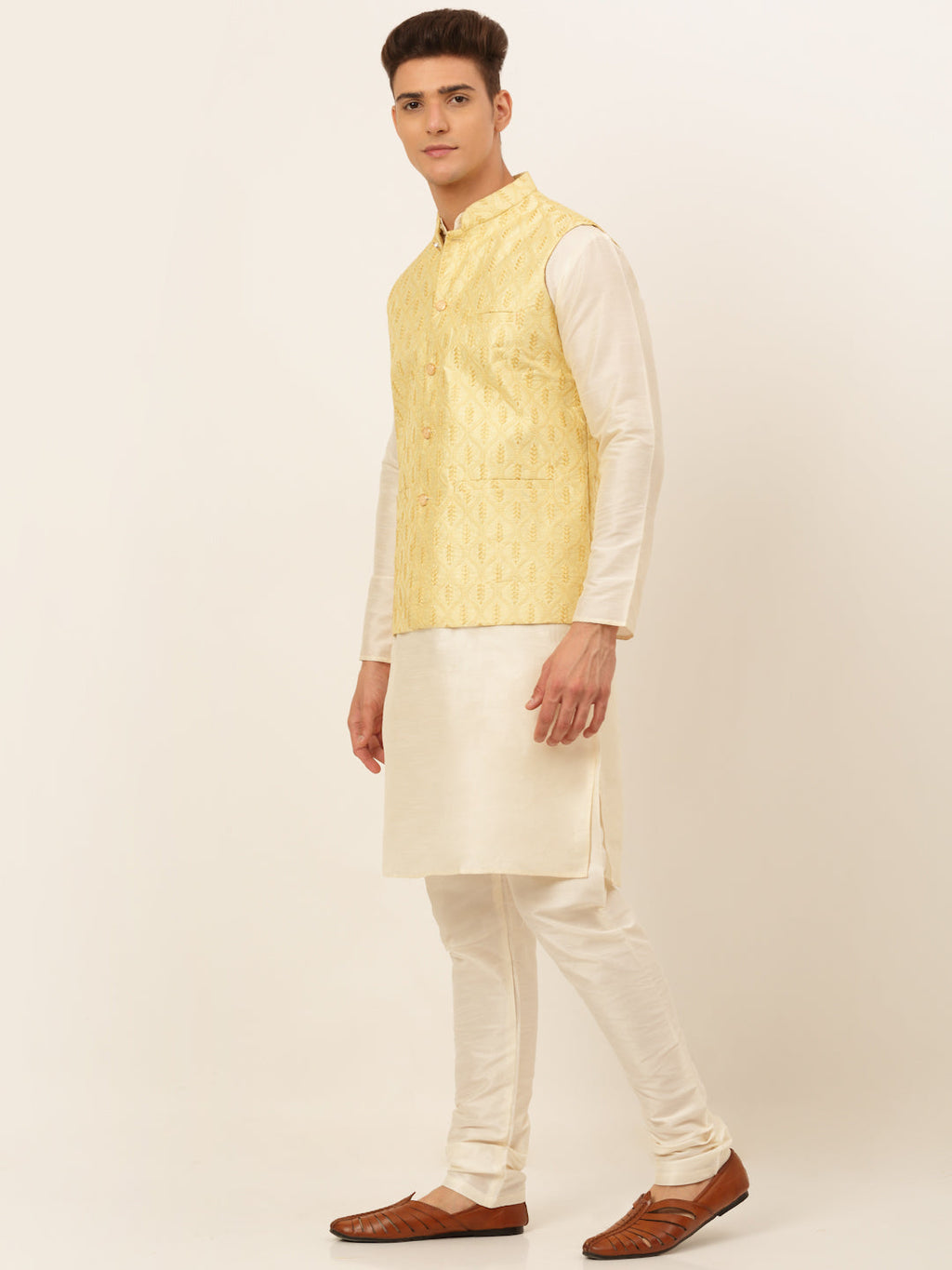 Jompers Men's Solid Kurta Pyjama With Nehru Jacket - Golden