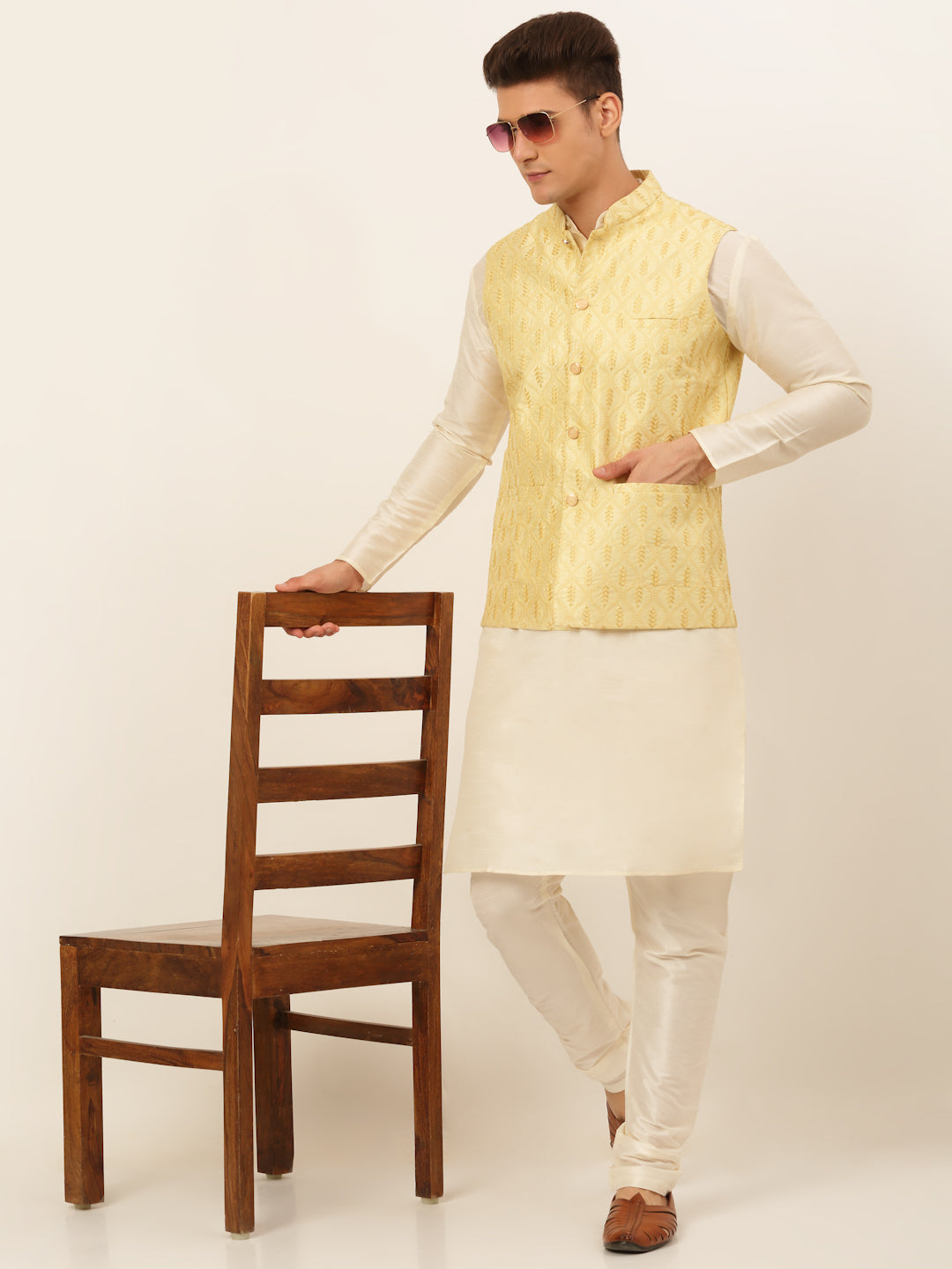 Jompers Men's Solid Kurta Pyjama With Nehru Jacket - Golden