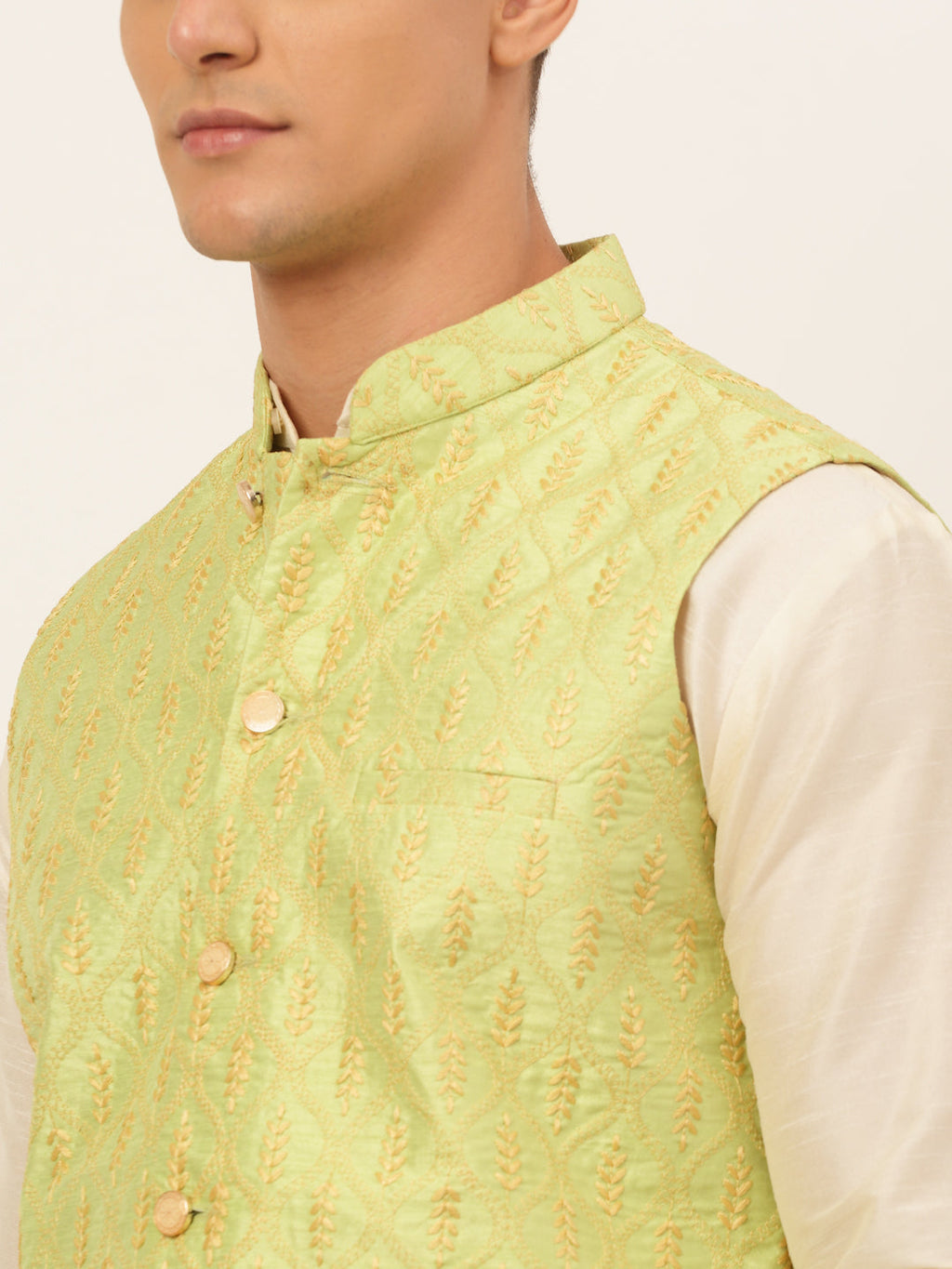Jompers Men's Solid Kurta Pyjama With Nehru Jacket - Green