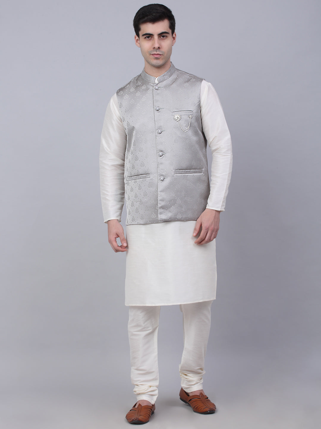 Jompers Men's Solid Kurta Pyjama With Woven Design Nehru Jacket - Grey