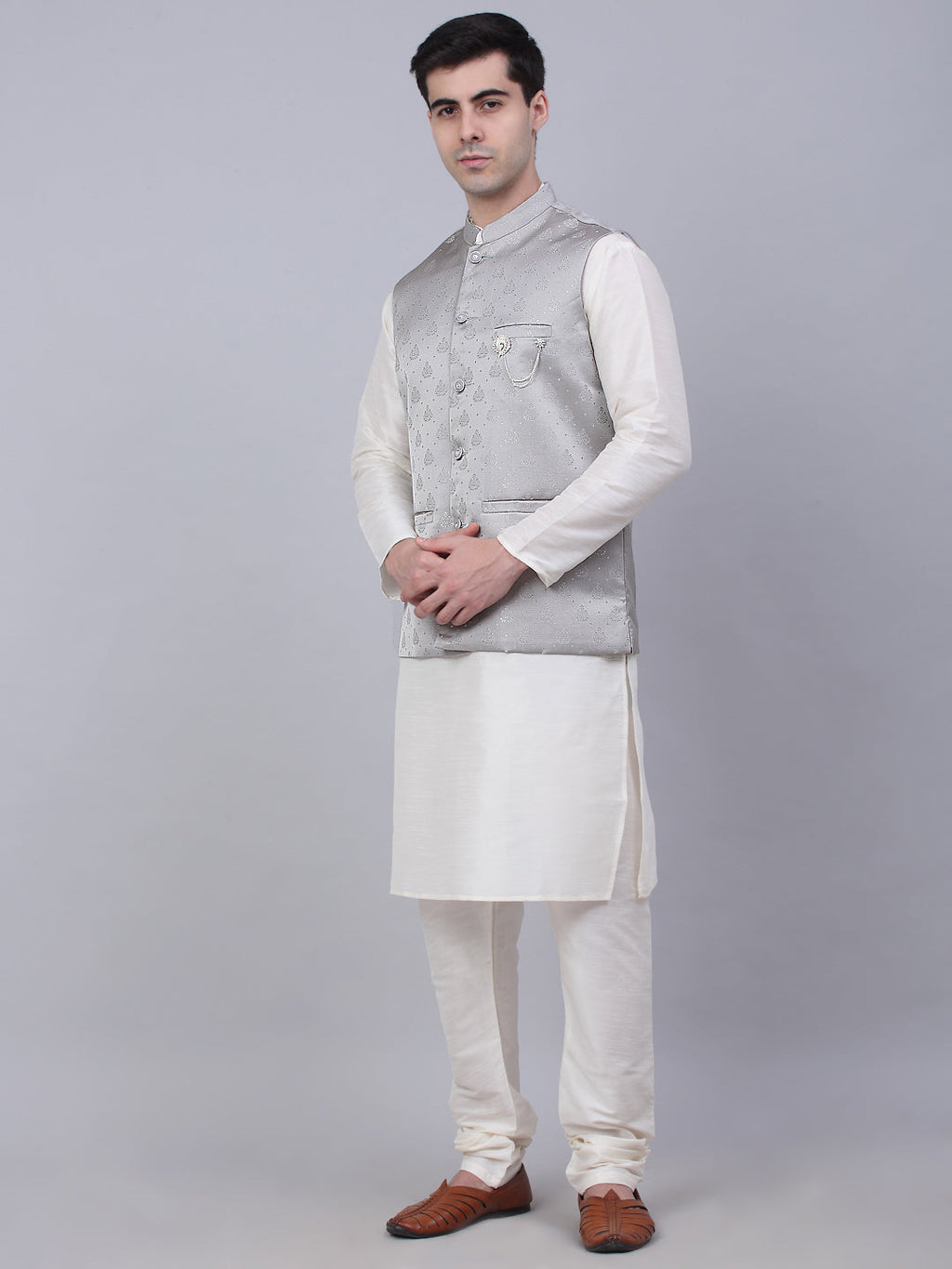 Jompers Men's Solid Kurta Pyjama With Woven Design Nehru Jacket - Grey