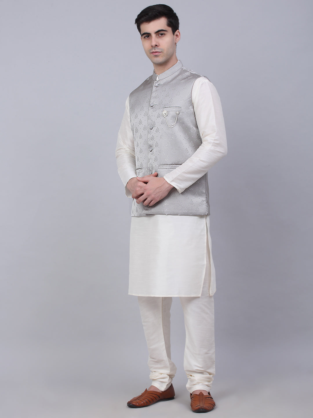 Jompers Men's Solid Kurta Pyjama With Woven Design Nehru Jacket - Grey