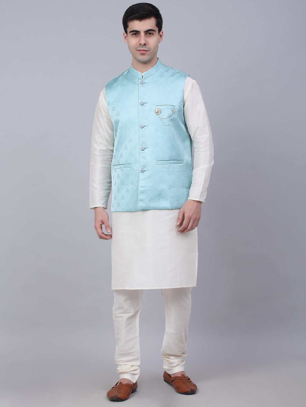 Jompers Men's Solid Kurta Pyjama With Woven Design Nehru Jacket - Sky Blue