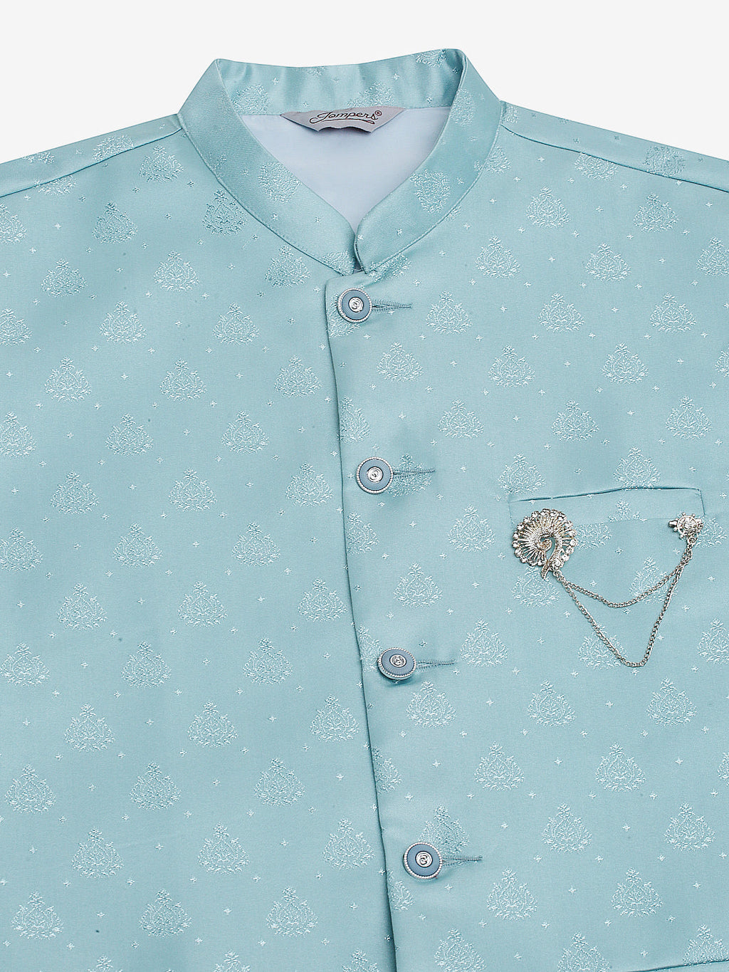 Jompers Men's Solid Kurta Pyjama With Woven Design Nehru Jacket - Sky Blue
