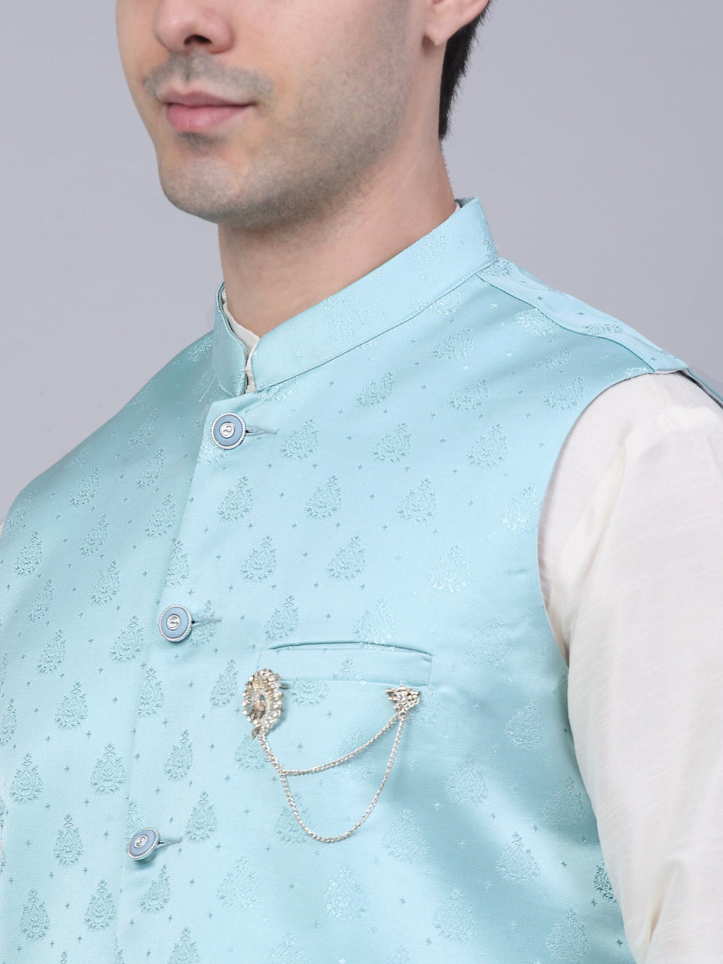 Jompers Men's Solid Kurta Pyjama With Woven Design Nehru Jacket - Sky Blue