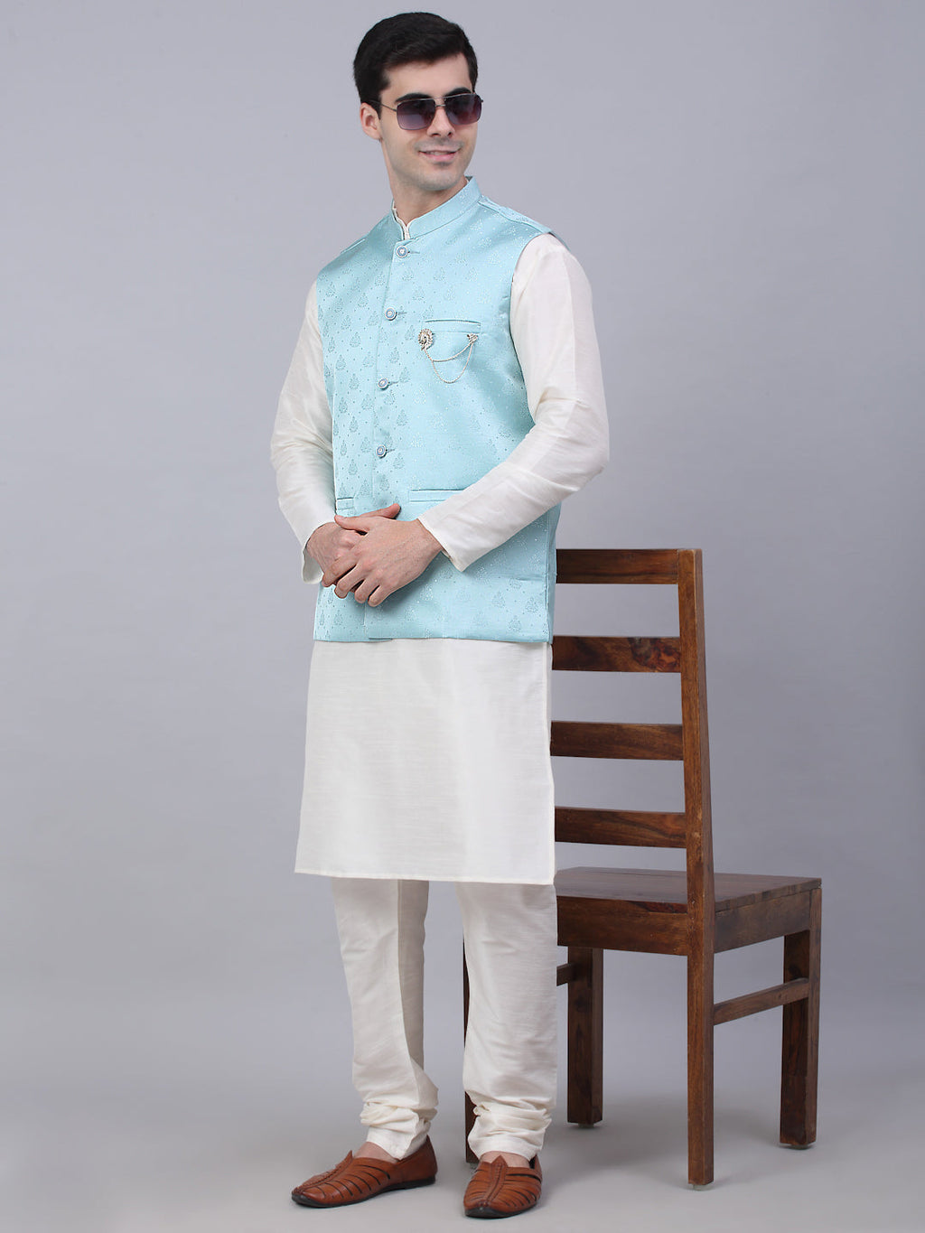 Jompers Men's Solid Kurta Pyjama With Woven Design Nehru Jacket - Sky Blue