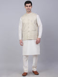 Jompers Men's Solid Kurta Pyjama With Woven Design Nehru Jacket - Beige