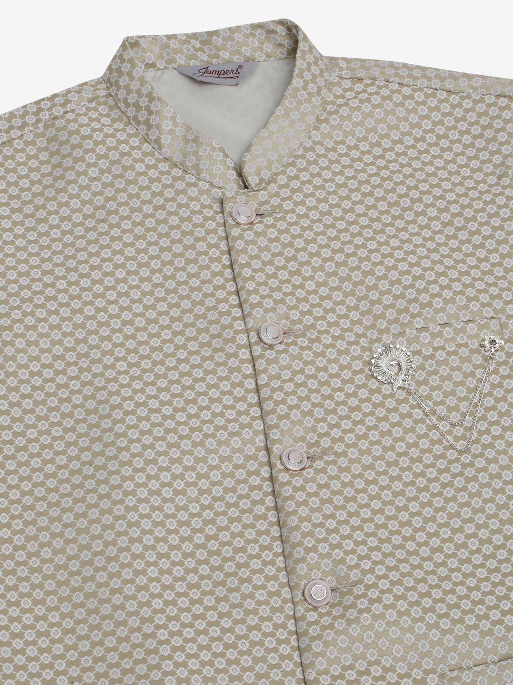 Jompers Men's Solid Kurta Pyjama With Woven Design Nehru Jacket - Beige