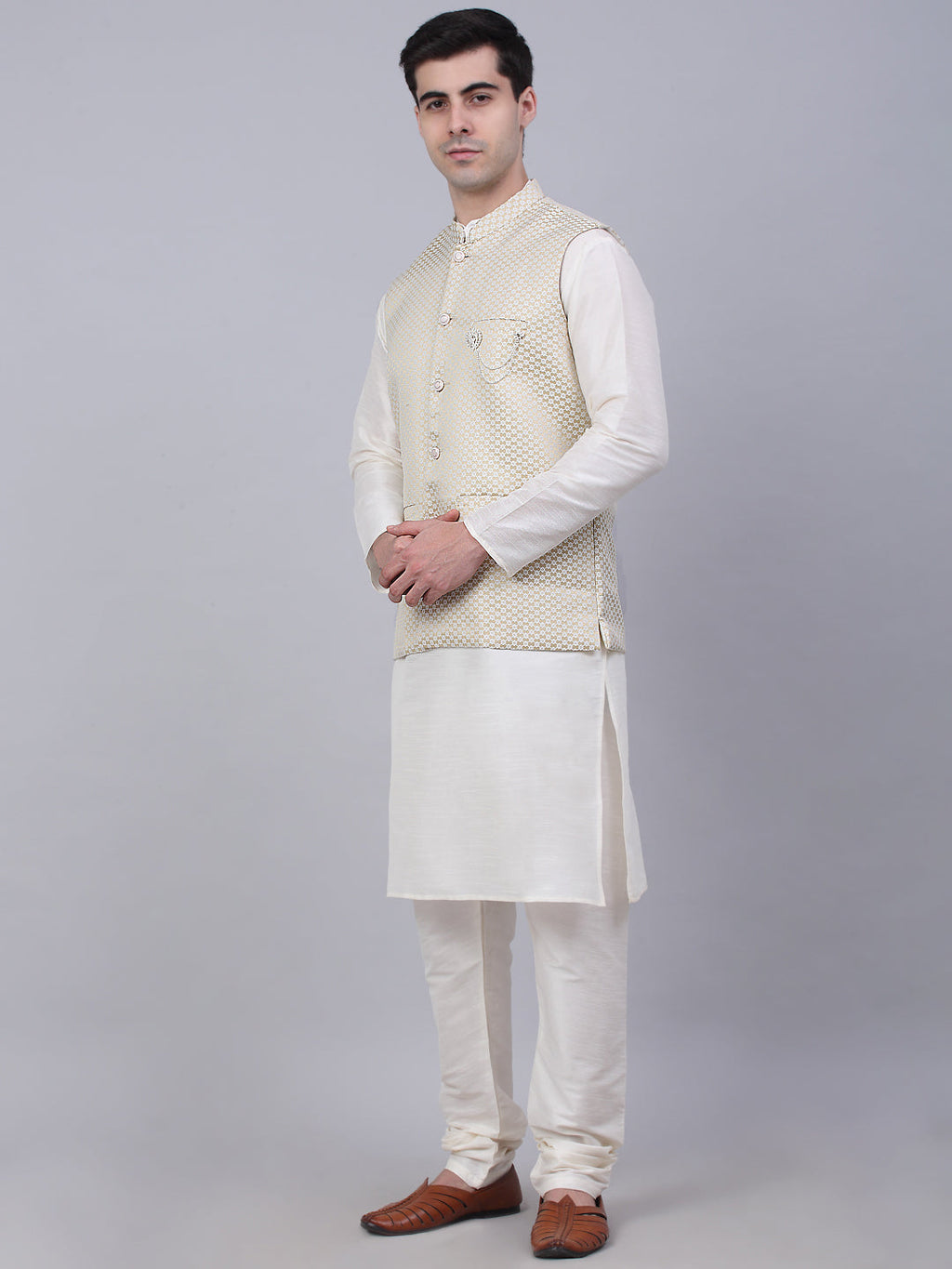 Jompers Men's Solid Kurta Pyjama With Woven Design Nehru Jacket - Beige