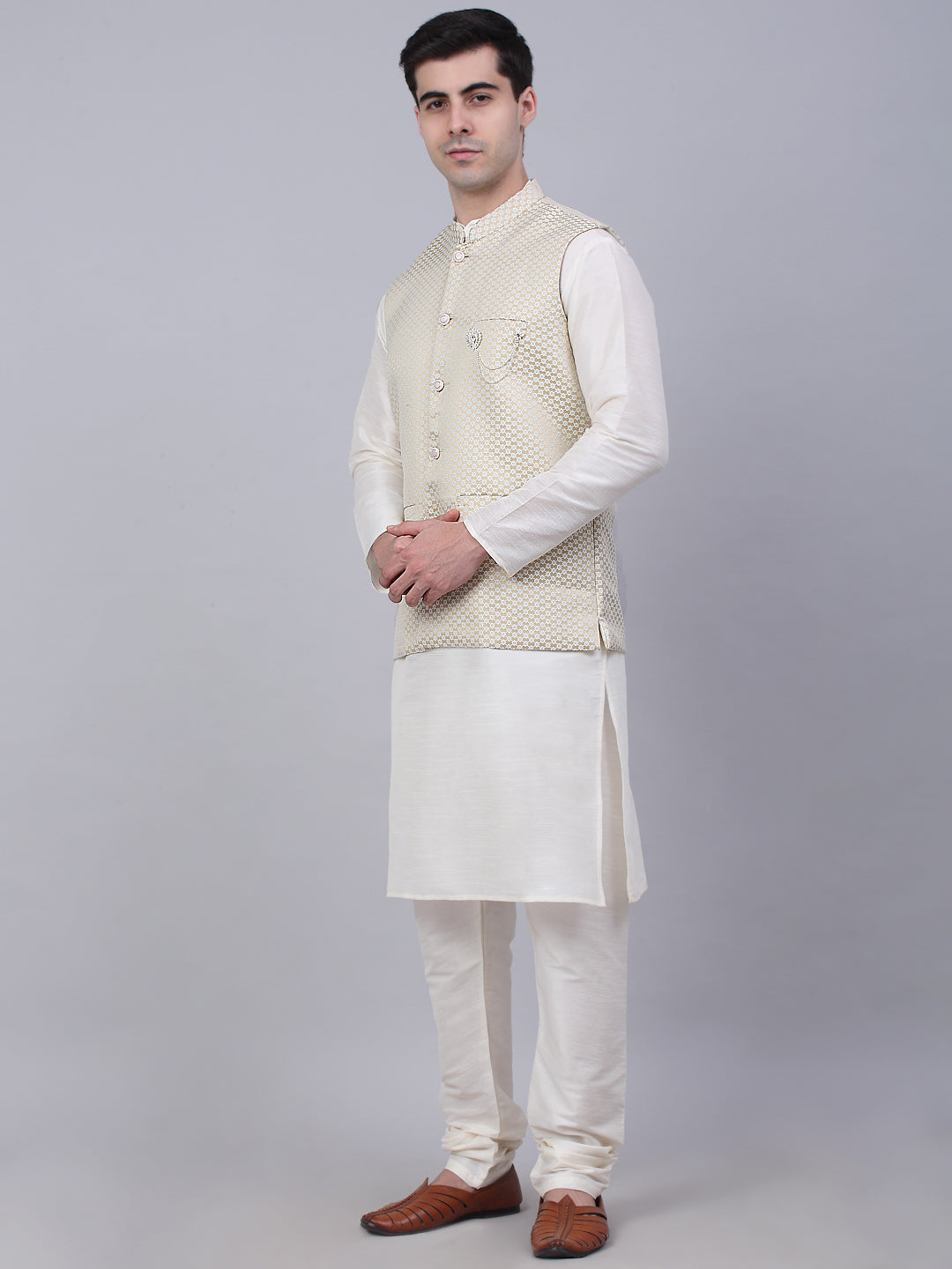 Jompers Men's Solid Kurta Pyjama With Woven Design Nehru Jacket - Beige