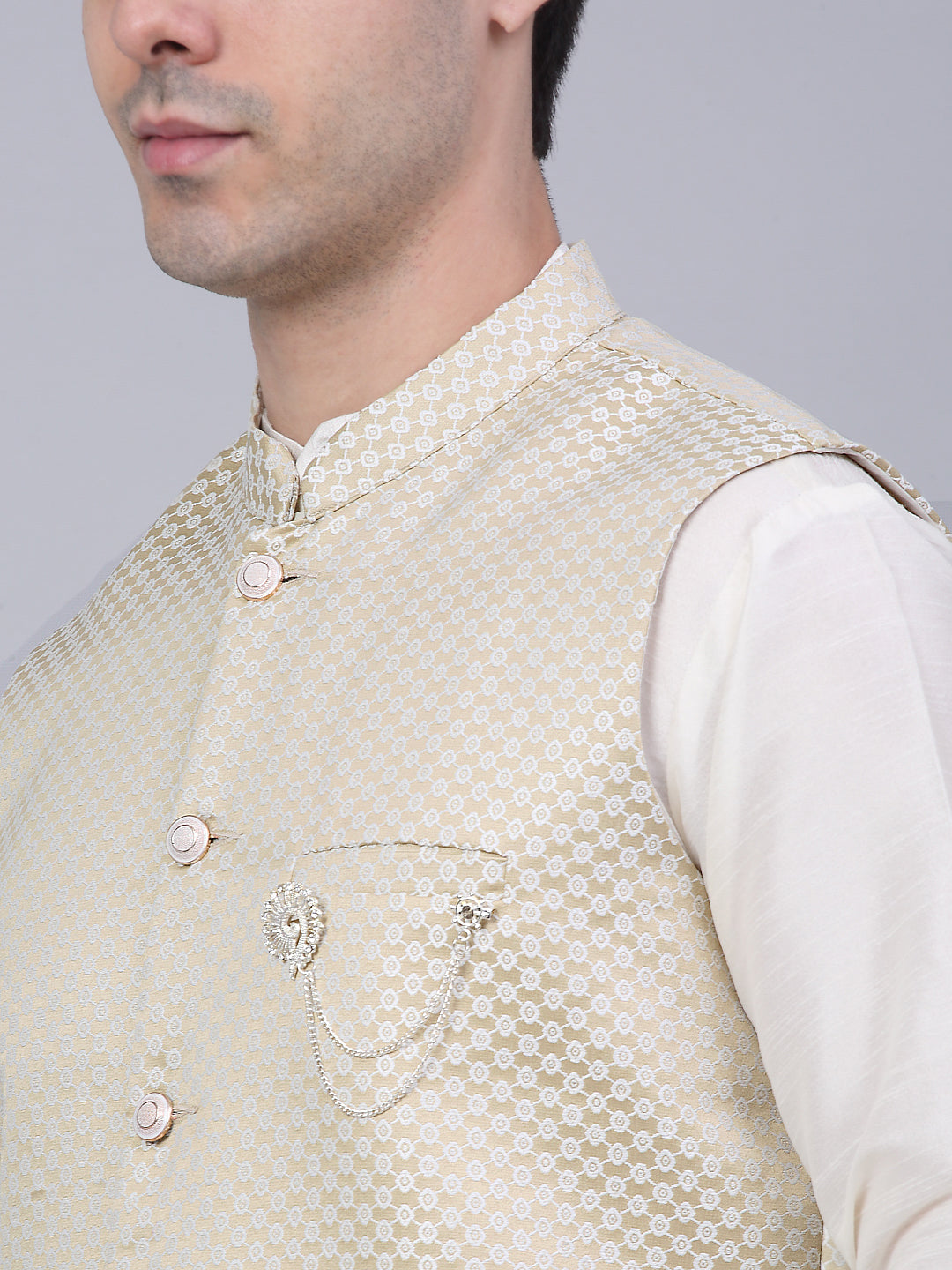 Jompers Men's Solid Kurta Pyjama With Woven Design Nehru Jacket - Beige