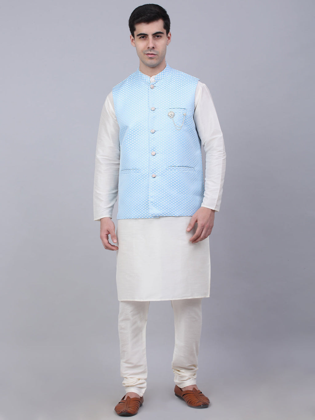 Jompers Men's Solid Kurta Pyjama With Woven Design Nehru Jacket - Blue