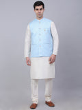Jompers Men's Solid Kurta Pyjama With Woven Design Nehru Jacket - Blue