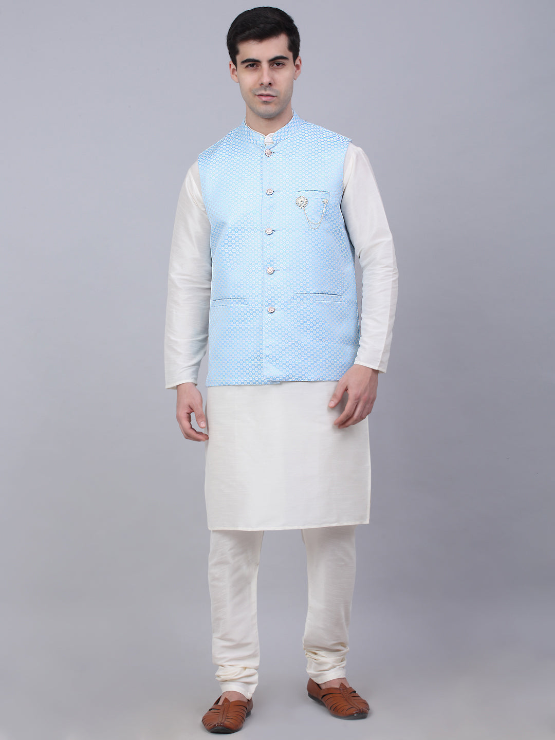 Jompers Men's Solid Kurta Pyjama With Woven Design Nehru Jacket - Blue