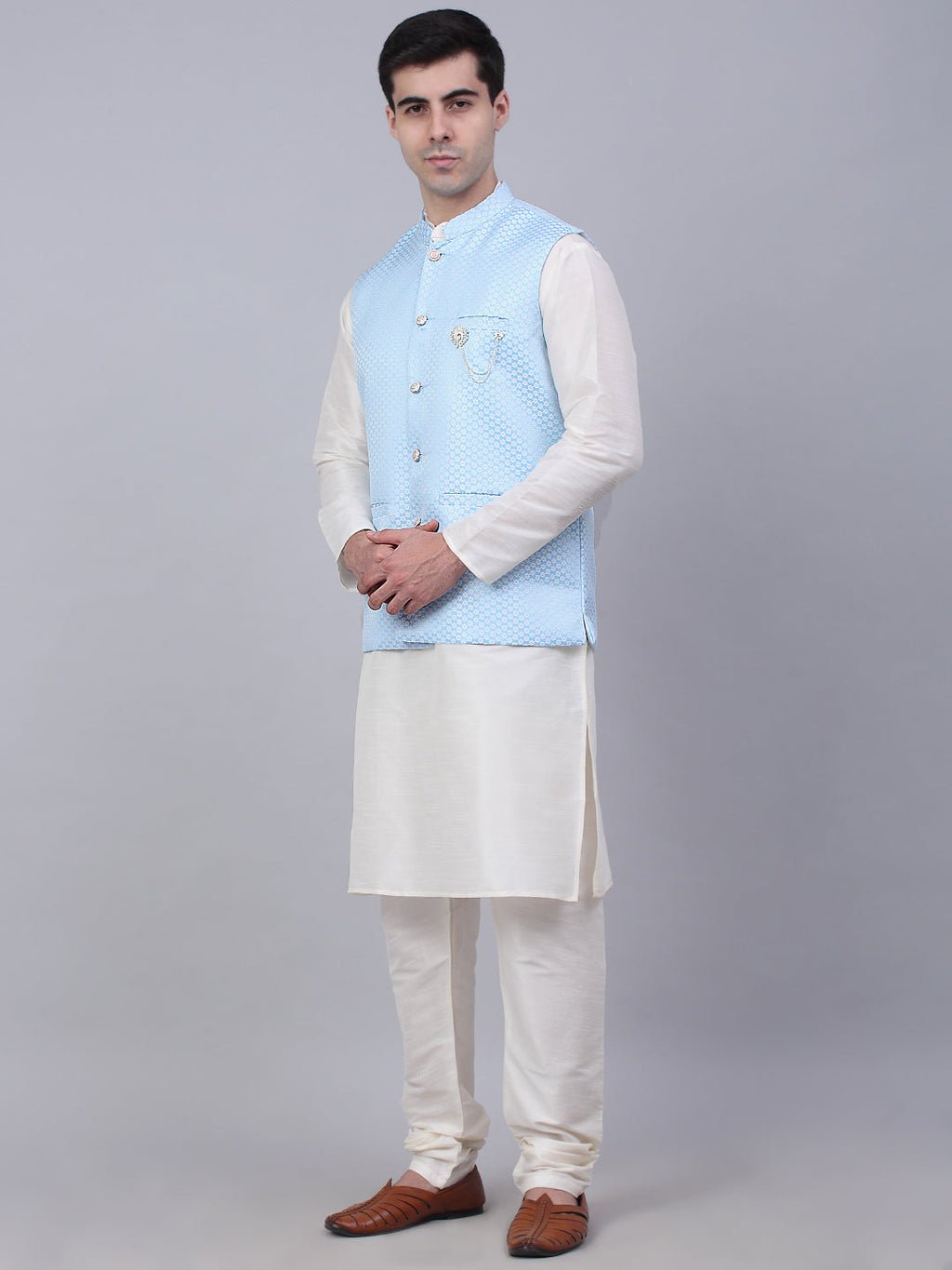Jompers Men's Solid Kurta Pyjama With Woven Design Nehru Jacket - Blue