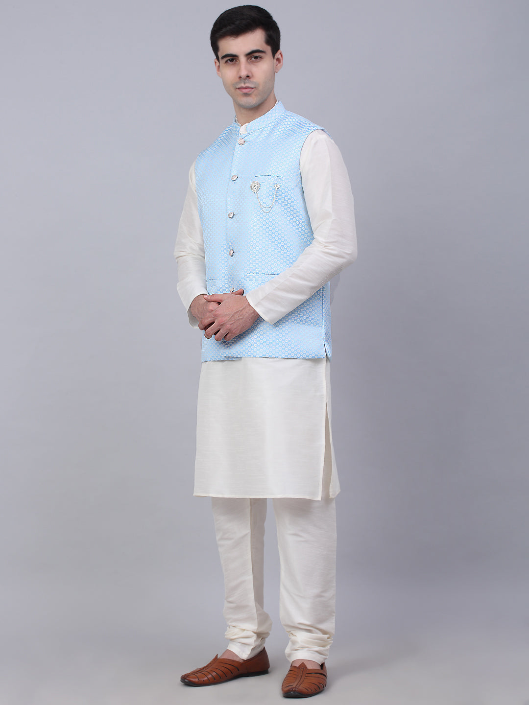 Jompers Men's Solid Kurta Pyjama With Woven Design Nehru Jacket - Blue