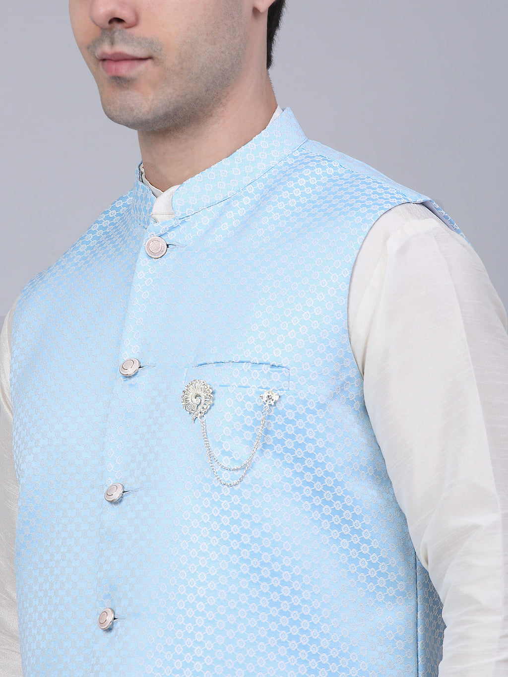 Jompers Men's Solid Kurta Pyjama With Woven Design Nehru Jacket - Blue