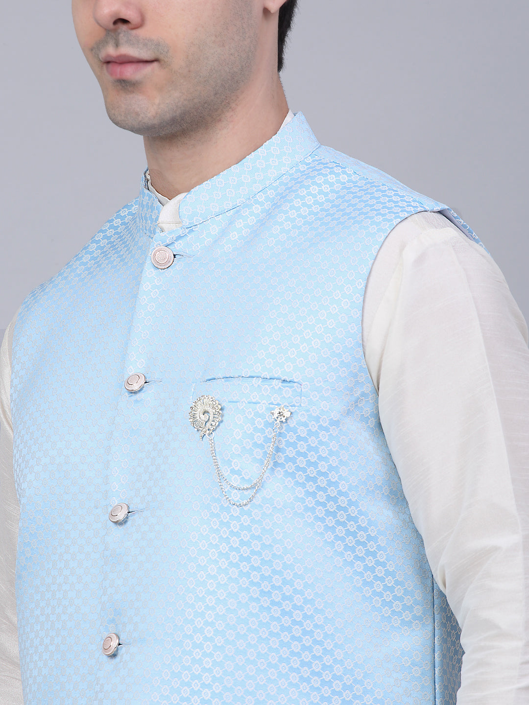 Jompers Men's Solid Kurta Pyjama With Woven Design Nehru Jacket - Blue