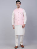 Jompers Men's Solid Kurta Pyjama With Woven Design Nehru Jacket - Pink