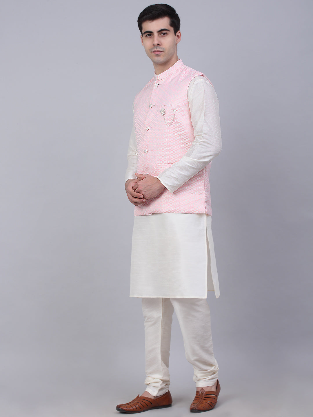 Jompers Men's Solid Kurta Pyjama With Woven Design Nehru Jacket - Pink
