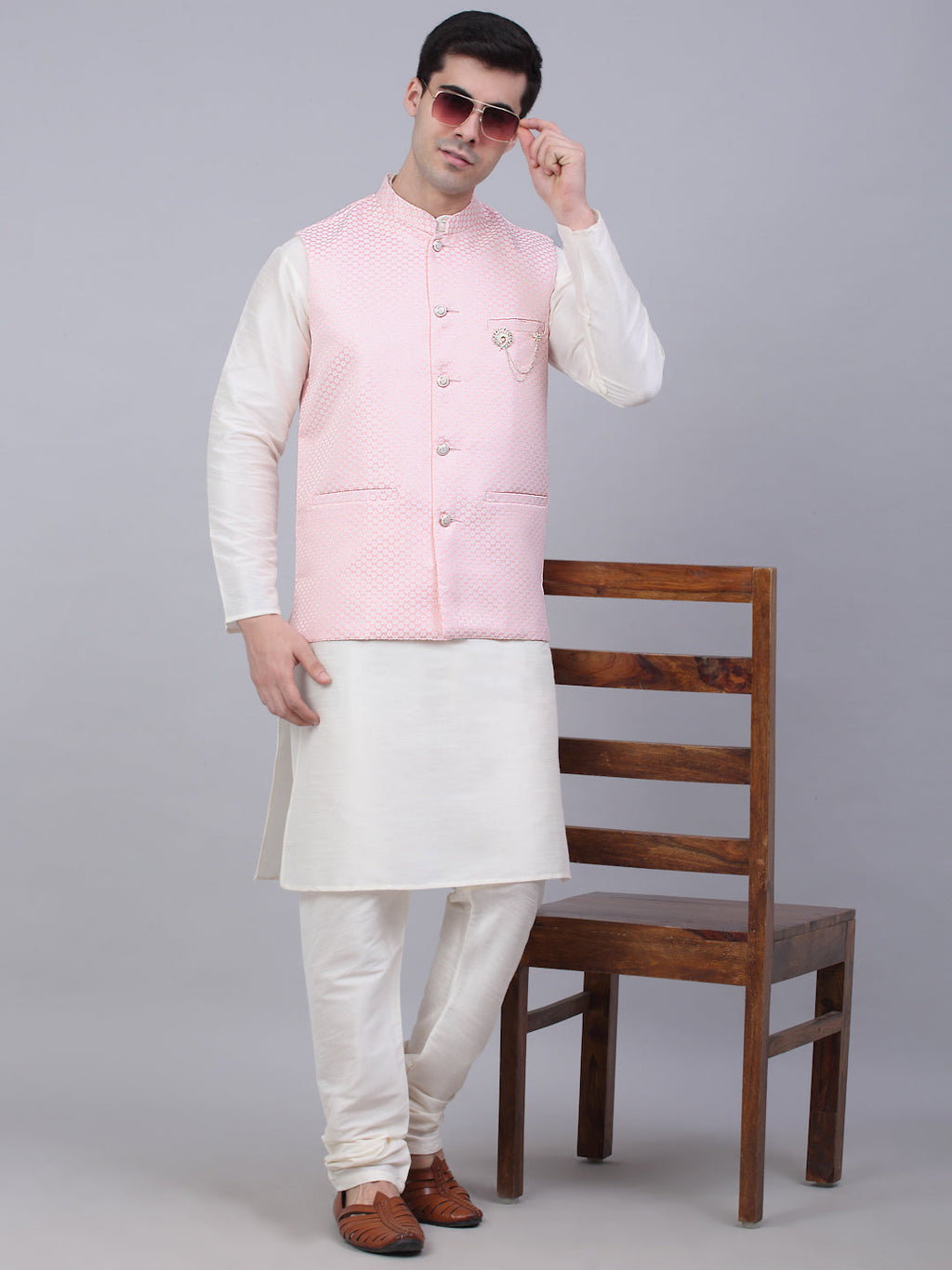 Jompers Men's Solid Kurta Pyjama With Woven Design Nehru Jacket - Pink